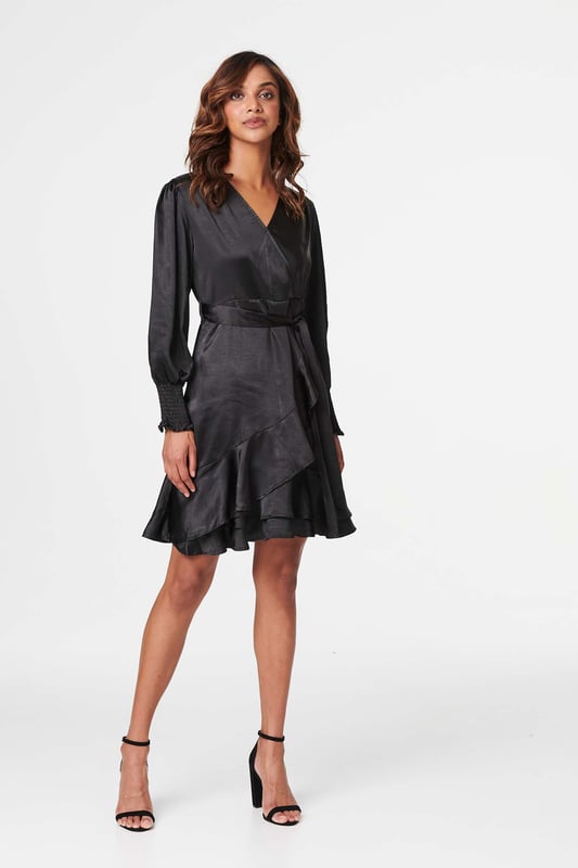 Black Satin Frill Detail Wrap Dress