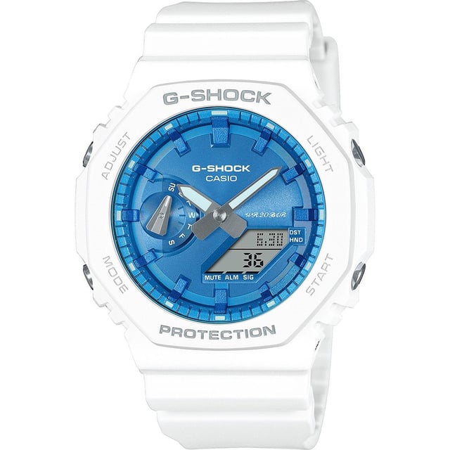 This Casio G-shock Analogue-Digital Watch for Men is the perfect timepiece to wear or to gift. It's White 44 mm Round case combined with the comfortable White Plastic watch band will ensure you enjoy this stunning timepiece without any compromise. Operated by a high quality Quartz movement and water resistant to 20 bars, your watch will keep ticking. Share the sparkle of winter with a loved one — a pair of colorful timepieces from the Seasonal Collection 2023, available in a range of designs perfect for casually coordinating outfits. This Analogue-Digital watch has a calendar function: Day-Date , Stop Watch , Countdown , Worldtime , Alarm and Light High quality 21 cm length and 22 mm width White Plastic strap with a Buckle Case diameter: 44 mm,case thickness: 11 mm, case colour: White and dial colour: Blue