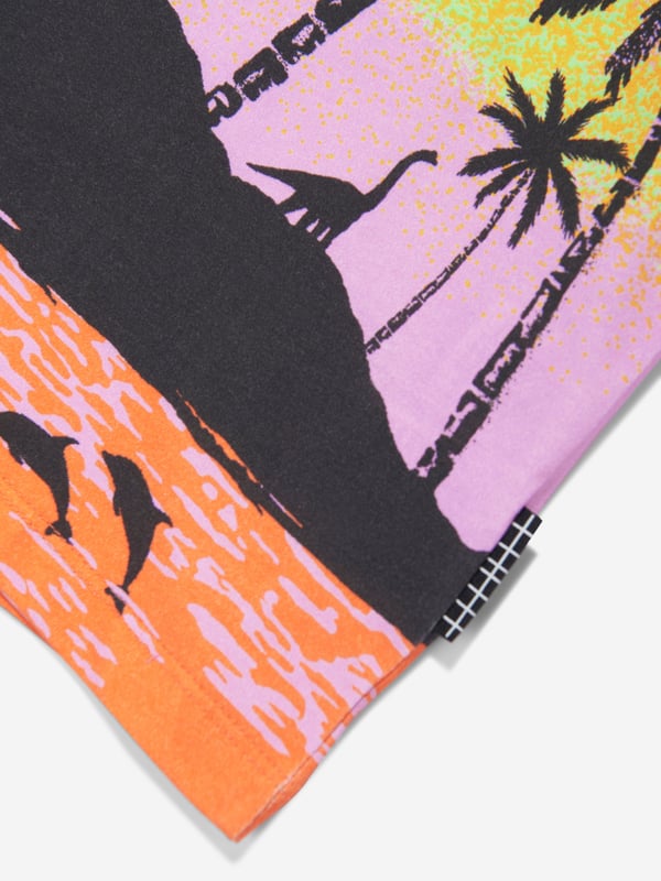 Molo project fun Scandinavian properties and stellar sustainability into their abstracts. This boys Riley short sleeve t-shirt captures the label's passion for sleek, enigmatic designs. Crafted with a twist, featuring palm trees and a sunset in shades of black, orange, green and purple.  A surfer alien and other guests also haunt this remote tropical paradise.  Round Neck With Rib Edge Loose Fit 100% Organic Cotton GOTS Organic Certified By Ecocert Greenlif