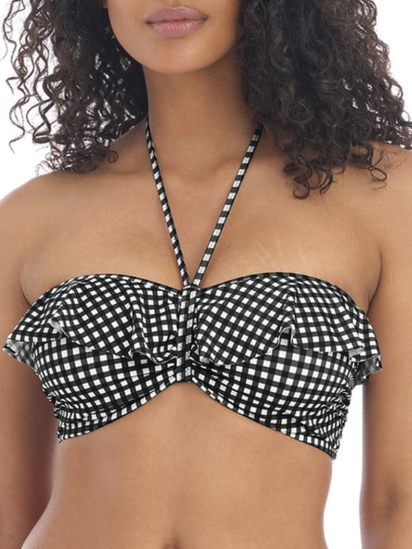 Freya Check In Bandeau Bikini Top. With light padding, detachable/adjustable straps and gathering detail. Removable centre tie. Product is made of 83% Nylon/Polyamide, 17% Elastane and is hand-wash only.