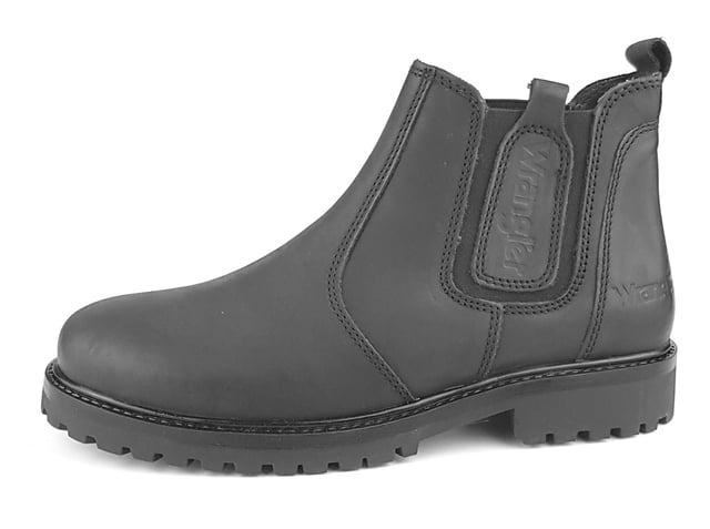 Embrace The Elements This Season In The Yuma Chelsea Mens Boots From Wrangler. The Black Leather Slip On Boot Is Finished With A Chunky Cleated Sole.