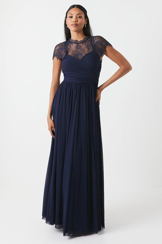 Lace Top Wrap Waist Chiffon Bridesmaids Dress