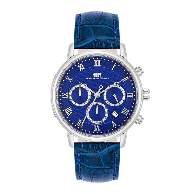 With totalists for hour / minute / second as well as stopwatch and date display, this sporting watch model of the Rhodenwald & Sons manufacture is convincing with popular chronograph functions. The timeless design concept manifests itself in the balancing of the symmetrical tricompax arrangement, classic Roman digits and luminiscant Breguet devices. A stainless steel housing with screwed floor makes the watch a durable everyday companion. The exclusive look is completed by a real leather bracelet with crocodile and decorative seam. The interior also inspires watch lovers with a high -quality quartz train that guarantees the highest precision and durability.