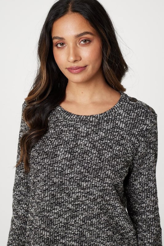 Elevate your casual wardrobe with this marled longline pullover. It has a round neck, long sleeves, a button embellishment at the shoulders, relaxed fit and a thigh length hem. Pair with jeans and trainers for an on-trend weekend look.