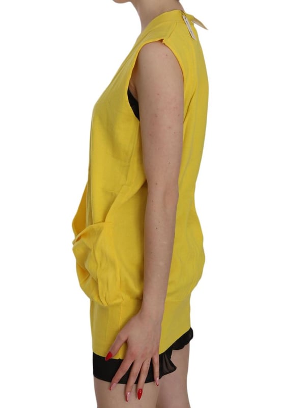 Brand: PINK MEMORIES
  Condition: Brand new with tags
  Style: Sleeveless Cardigan Top
  Color: Yellow
  Material: 100% Cotton
  Closure: One button
  Pockets: Two front pockets
  Details: Logo details
  Gender: Women