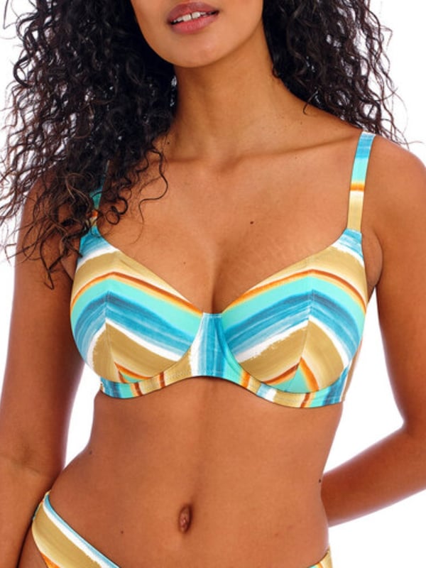 Freya Castaway Island Underwired Plunge Bikini Top. Plunge swimwear top with watercolour stripe print, lined underwired cups and adjustable straps. This product is recommended as hand wash only.