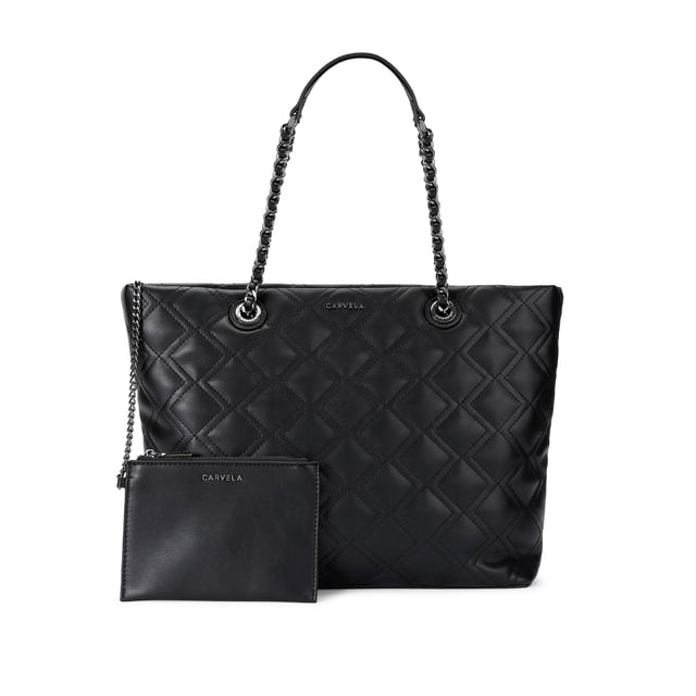 This Carvela Rosa Chain Tote Bag features a black leather alternative exterior with diamond quilting detail. There are two shoulder straps which have gunmetal chain detail to match the branding on the front of the bag. Dimensions: 29cm (H), 34cm (L), 12cm(D). Strap length: 57cm.