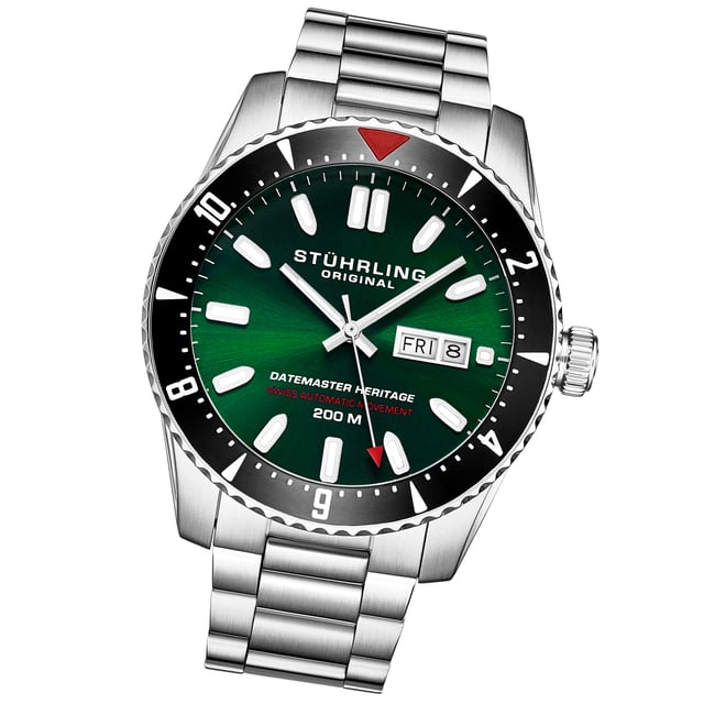 Men's Automatic Dive Watch, Stainless Steel Case with ceramic-like bezel, turquoise dial, Day and Date.
