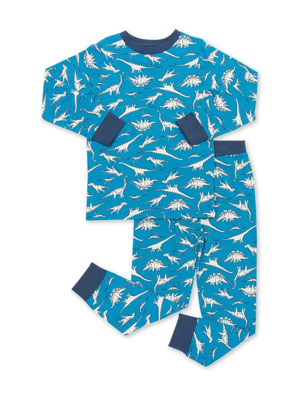 95% organic cotton 5% elastane | Proud to be certified by Control Union to the Global Organic Textile Standard (GOTS) | Dino fan all-over print | Single jersey with a little bit of stretch | Two-piece set | Slim fit | Long sleeved | Elasticated waistband | Round neck with popper shoulder opening (up to and including size 3y) | Ribbed cuffs | Made in Turkey | Machine washable at 40 degrees, or at 30 degrees to be kinder to the planet