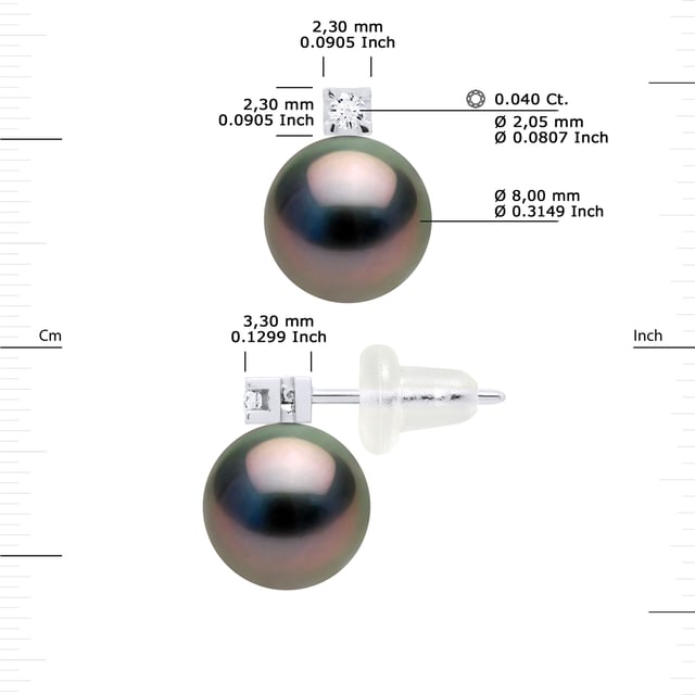 Oorbellen LUXE - Diamonds 0,04 Cts - White Gold 750 duizendste - Gekweekte parels uit Tahiti Round 8-9 mm - Siliconen kinderwagens systeem - Wordt geleverd in een koffer met een certificaat van echtheid en een internationaal Garantie - Al onze sieraden worden vervaardigd in Frankrijk.