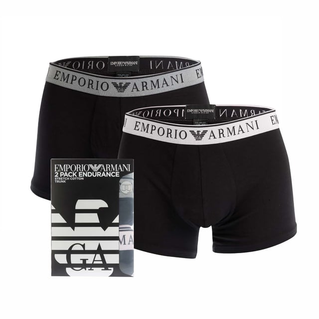 Mens Emporio Armani 2 Pack of Trunks in black.- Branded elasticated waistband.- Stretch fabric.- 95% Cotton  5% Elastane.XS = 27-29inS = 30-32inM = 32-34inL = 34-36inXL = 37-39inXXL = 39-41in- Ref: 11176942017020We regret that underwear is non-returnable due to hygiene reasons.