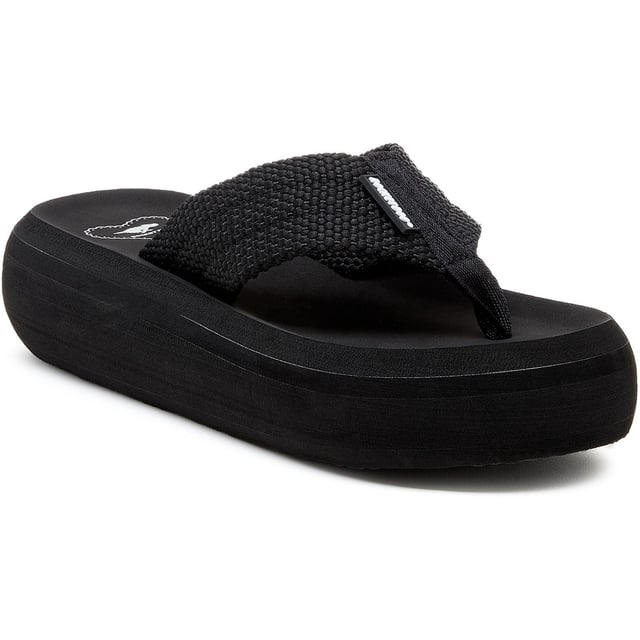 Sandalias Rocket Dog Sandy Atoll negras para mujer, confeccionadas con tela y suela de goma. Presentan: suela gruesa, logo Rocket Dog y parte superior de tejido texturizado.