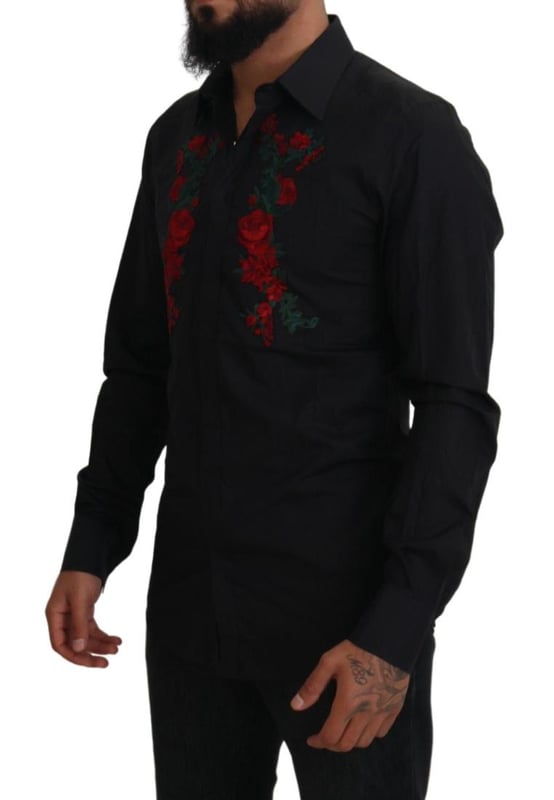 Black floral embroidery mens long sleeves gold shirt
  100% authentic and brand new with tags
  Classic neck
  Long sleeves
  Button-down closure
  Regular fit
  Made of 100% cotton
  Black color with floral embroidery
  Front button closure
  Logo details
  Made in Italy
Material: 100% Cotton