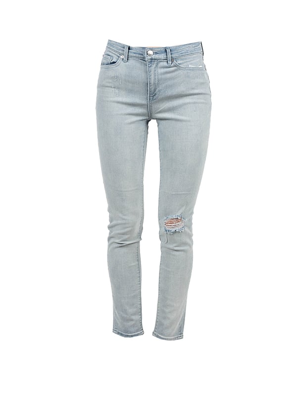 Knoopsluiting met gelabelde knoop
Aansluitend model (skinny)
Middelhoge tailleband (mid-waist)
Nauwsluitende, slanke pijpen
Drie zakken voor, twee achter
Met een gat op kniehoogte
Gedragen, met een verwassen effect
Gemaakt van hoogwaardig denim
Met toegevoegde stretch