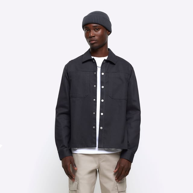 River Island Mens Overshirt Grey Regular Fit Popper Front