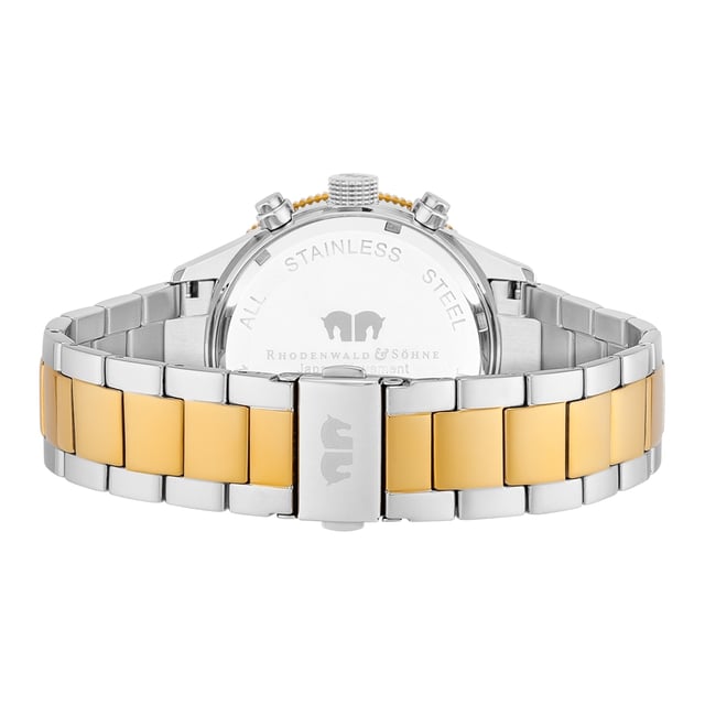 With the date, stopwatch, 3 auxiliary dials and rotatable bezel with tachymeter, the RHODENWALD & SOHN clock manufacturer combines the most popular chronograph highlights in a modern timer. The robust bicolor-steel case with partial IP coating in yellow gold enthusiastically enthusiastically with the classic tricompax arrangement of the totalists, combined with subtle line indices and luminic arrow pointers The exclusive design is rounded off by a bicolor structure bracelet made of stainless steel with practical safety folding. The interior even meets high demands: a high -quality quartz train ensures the best precision.
