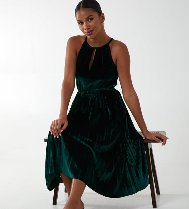 Halterneck Pleated Velvet Midi Dress