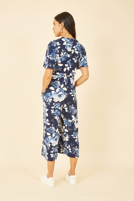 Mela Navy Rose Print Jumpsuit With Angel Sleeves