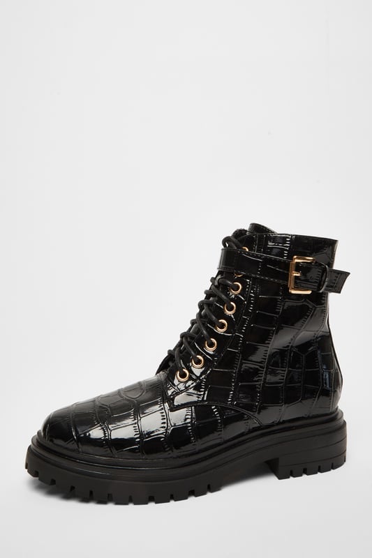 - Faux leather - Croc embossed - Lace up - Buckle detail - Round toe - Heel height: 4.5cm/1.8inches approx