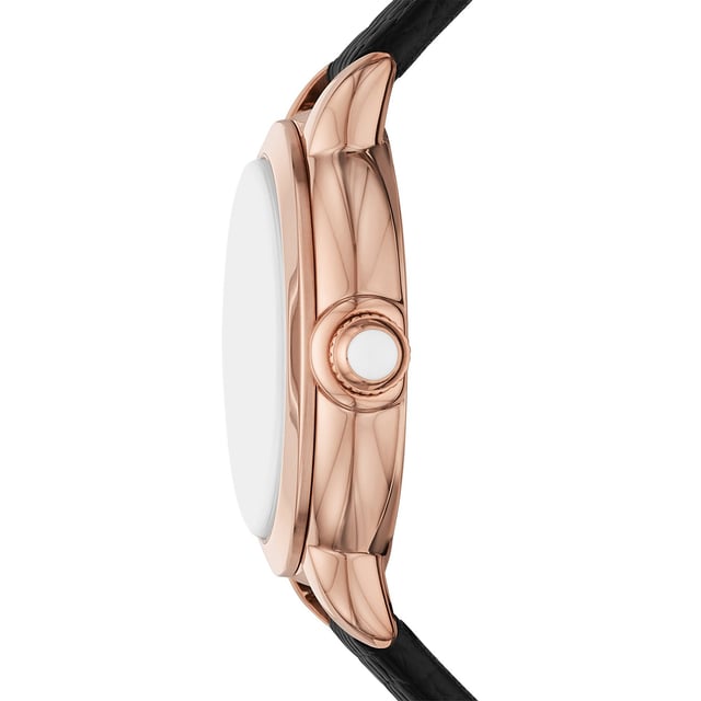 This Emporio Armani Mia Analogue Watch for Women is the perfect timepiece to wear or to gift. It's Rose Gold 32 mm Round case combined with the comfortable Black Leather watch band will ensure you enjoy this stunning timepiece without any compromise. Operated by a high quality Quartz movement and water resistant to 5 bars, your watch will keep ticking. Classic and charming watch perfect for every lady who likes to be the centre of attention. High quality 19 cm length and 11 mm width Black Leatherl strap with a Buckle Case diameter: 32 mm,case thickness: 8 mm, case colour: Rose Gold and dial colour: Silver