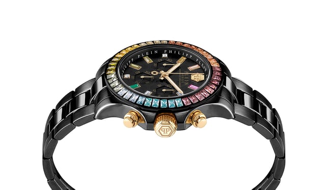 This Philipp Plein Nobile Lady Chronograph Watch for Women is the perfect timepiece to wear or to gift. It's Black 38 mm Round case combined with the comfortable Black Stainless steel watch band will ensure you enjoy this stunning timepiece without any compromise. Operated by a high quality Quartz movement and water resistant to 5 bars, your watch will keep ticking.
