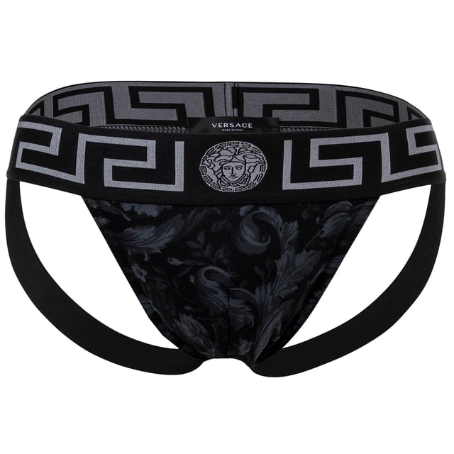 Eleganter Herren Jockstrap der Marke VERSACE. 
Hochwertiger Slip mit Allover Barocco Muster.
Greca-Muster und Medusa-Motiv am elastischen Bund.