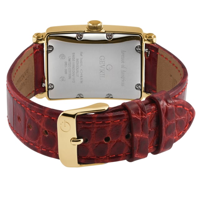 Gevril 7449YL Avenue of Americas Mini Swiss Quartz Diamond Watch
Gevril Women's Diamond Swiss Quartz Watch from the Avenue of Americas Mini Collection
33x25 Rectangle 316L Stainless Steel IPYG Diamond Case, White MOP Dial
Guilloche dial and a highly stylized Arabic numeral display that is raised off the surface of the dial
Push/Pull Crown, Date at 6:00
Limited Edition
Genuine Handmade Italian Red Leather Strap With Tang Buckle
Anti-reflective Sapphire Crystal
Water Resistant to 50 Meters/5ATM
Swiss Quartz Movement Ronda 784