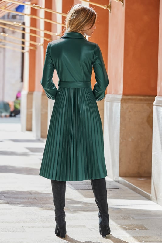 Dark Green Faux Leather Pleated Midi Dress
