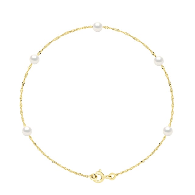 Bracelet - 5 Real Cultured Freshwater Pearls Round 4-5 mm - COLOR NATURAL PEARL WHITE - Chain Singapore Yellow Gold 750 - Spring Ring Clasp - Length 18 cm - Delivered with Certificate of Authenticity and International Guarantee - MADE IN FRANCE -