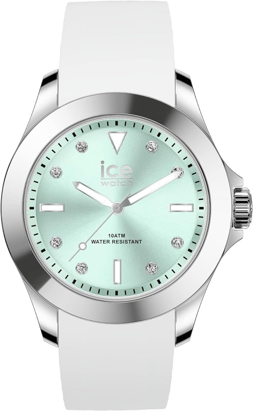 Diese Ice Watch Ice Steel - Classic - White Pastel Green Analog Uhr für  Damen ist das perfekte Accessoire zum tragen oder verschenken. Ihr Weiß 40 mm Rund Gehäuse kombiniert mit dem bequemen Silber Armband aus  Silikon garantiert, dass Sie diese atemberaubende Uhr kompromisslos genießen werden. Angetrieben von einem hochwertigen Quarz Uhrwerk und wasserdicht bis 10 bars, läuft Ihre Uhr stets weiter. Diese Uhr mit einem superweichen Silikonarmband verleiht all Ihren Outfits einen Hauch von lebendigem Stil! Diese Analoguhr verfügt über eine Kalenderfunktion: Datum, leuchtende Zeiger und leuchtende Zahlen. Diese hochwertige Uhr hat ein Silber Silikon Band ( 19 cm Länge und 19 mm Breite) mit einer Dornschließe Gehäusedurchmesser: 40 mm,Gehäuse Höhe: 12 mm, Gehäusefarbe: Weiß, Zifferblattfarbe: Grün