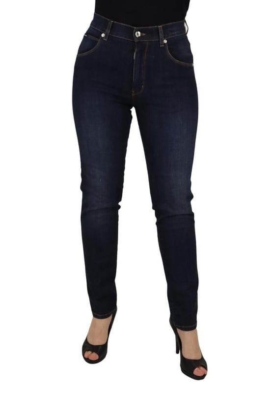 Marke: Dolce & Gabbana  
Material: 98% Baumwolle 2% Elasthan  
Farbe: Blau  
Stil: Hoch geschnittene Skinny-Jeans  
Verschluss: Reißverschluss  
Logodetails