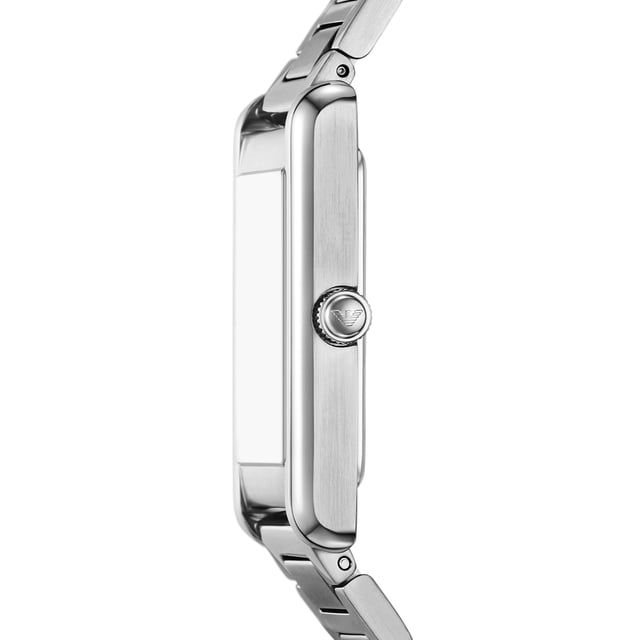 This Emporio Armani Gino Analogue Watch for Women is the perfect timepiece to wear or to gift. It's Silver  Rectangular case combined with the comfortable Silver Stainless steel watch band will ensure you enjoy this stunning timepiece without any compromise. Operated by a high quality Quartz movement and water resistant to 5 bars, your watch will keep ticking.