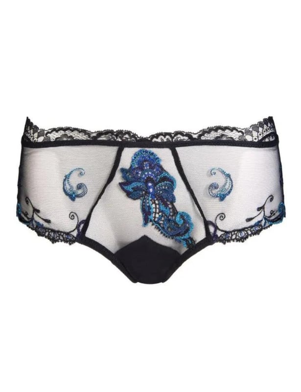 The Nuit Elegance collection by Lise Charmel is the perfect seductive and mysterious update your lingerie drawer needs. This daring range features the most exquisite Calais lace and guipure embroideries upon delicate mesh tulle. These sexy briefs offer a semi-sheer overall finish and moderate rear coverage. Complete the fabulous look with matching coordinates.  Sensual and luxurious design, Delicate Calais lace and guipure embroidery, Mid waist fit, Semi-sheer finish, Matching coordinates available, Composition: 64% Polyamide | 14% Cotton | 12% Elastane | 10% Polyester, Listed in UK sizes.   Shorty Brief