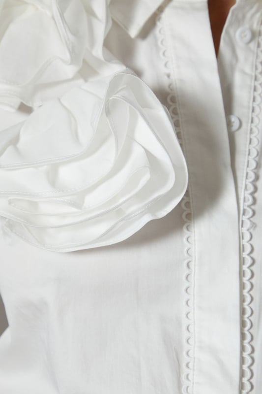 Striking 3D floral appliqu detail on the collar
        Elegant collared neckline with button-up front
        Long sleeves with subtle puff at the shoulders
        Cropped length for a modern silhouette
        Textured fabric adds depth and visual interest
    
    Make a statement at your next special occasion with this exquisite 3D Flower Shirt from Coast. The eye-catching floral appliqu adorning the collar creates a dramatic focal point, perfect for those who appreciate unique details. The cropped length and textured fabric combine to create a contemporary look that's both sophisticated and on-trend. Style this versatile piece with wide-leg trousers and strappy heels for a chic ensemble at weddings or race days. For a more relaxed yet equally stylish look, pair it with tailored shorts and elegant flats for summer garden parties. The shirt's crisp collar and button-up front allow for styling versatility - wear it fully buttoned for a polished appearance or leave the top buttons undone for a more relaxed vibe. This Coast shirt is a true wardrobe gem that will have you standing out from the crowd at any event.