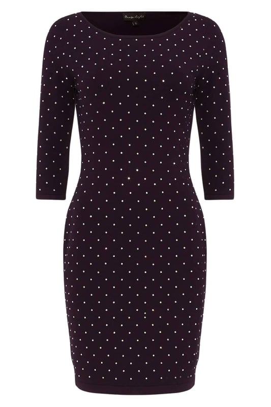 A fitted knit dress that falls above the knee, designed with a scoop neckline and 3/4 length sleeves. This style has stud detailing and can be worn with or without tights.
Fit: Stretch Fit, Sizing: As expected