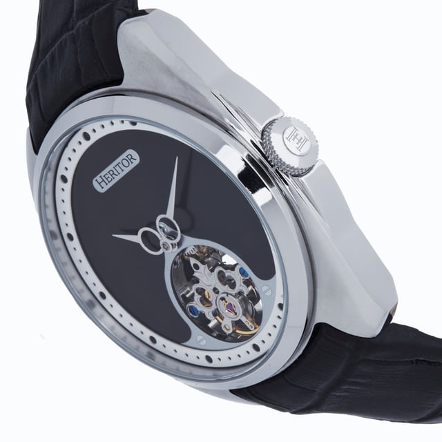 316L Surgical-Quality Stainless Steel Case; Jeweled M2701-1A Automatic Movement; Jewel Bearings: 22 Jewels; 41 Hour Power Reserve; Beats per Hour (BPH): 21600/Hour; Sapphire-Coated Mineral Crystal; Semi-Skeleton Dial; Observation Case back to view Movement; Genuine Leather Strap; Logo-Engraved Stainless Steel Clasp; 46mm Diameter; 5 ATM Water Resistance;
