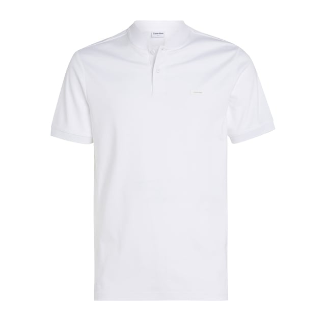 Mens Calvin Klein Smooth Cotton Stand Collar Polo Shirt in white.- Polo collar.- Two button fastening.- Short sleeves.- Ribbed cuffs.- Calvin Klein branding.- Slim fit.- Ref: K10K111201YAF