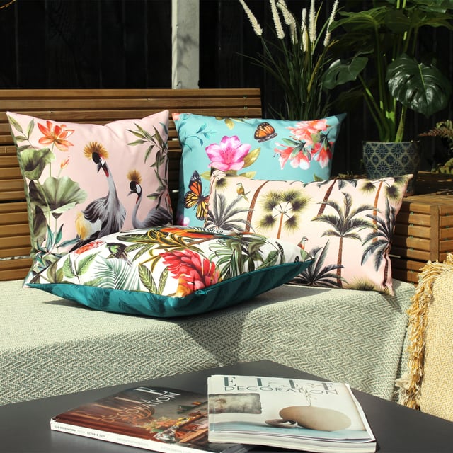 Upgrade your outdoor space with the Cranes cushion. Complete with a fully reversible design, so you get two looks in one. This colourful tropical style will instantly freshen up your garden.