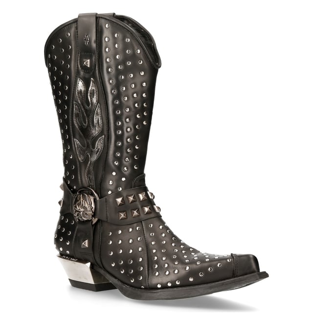 Estas botas, confeccionadas con piel de vaca de primera calidad, tienen la silueta clásica de un vaquero para ofrecer un estilo icónico y vanguardista. Con una caña alta y una punta puntiaguda, esta pieza mantiene las características que hicieron famosas a las botas de vaquero, pero también introduce giros creativos que elevan esta pieza. Se crea un aspecto audaz y contemporáneo mediante tachuelas en toda la parte superior y en la característica de tres correas que está decorada con un anillo de calavera de metal y está situada debajo de un diseño de llama plateada. Para mayor comodidad, New Rock ha introducido un forro de cuero suave en el interior y, para lograr un aspecto distintivo, ha elevado el tacón de metal, lo que da como resultado una apariencia audaz que redondea esta pieza. • Altura del tacón: 4 cm • Altura de la plataforma: 1 cm • Altura de la caña: 25 cm • Material exterior: piel de vaca