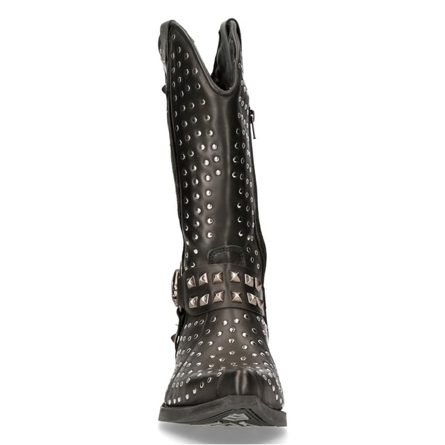 Estas botas, confeccionadas con piel de vaca de primera calidad, tienen la silueta clásica de un vaquero para ofrecer un estilo icónico y vanguardista. Con una caña alta y una punta puntiaguda, esta pieza mantiene las características que hicieron famosas a las botas de vaquero, pero también introduce giros creativos que elevan esta pieza. Se crea un aspecto audaz y contemporáneo mediante tachuelas en toda la parte superior y en la característica de tres correas que está decorada con un anillo de calavera de metal y está situada debajo de un diseño de llama plateada. Para mayor comodidad, New Rock ha introducido un forro de cuero suave en el interior y, para lograr un aspecto distintivo, ha elevado el tacón de metal, lo que da como resultado una apariencia audaz que redondea esta pieza. • Altura del tacón: 4 cm • Altura de la plataforma: 1 cm • Altura de la caña: 25 cm • Material exterior: piel de vaca