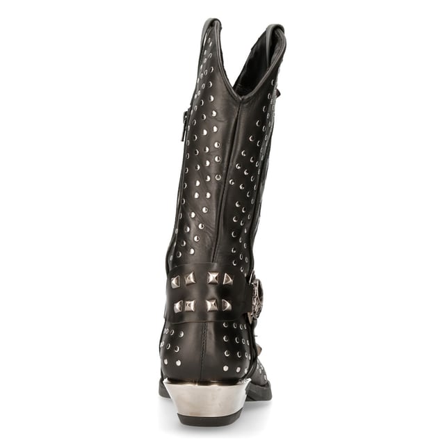 Estas botas, confeccionadas con piel de vaca de primera calidad, tienen la silueta clásica de un vaquero para ofrecer un estilo icónico y vanguardista. Con una caña alta y una punta puntiaguda, esta pieza mantiene las características que hicieron famosas a las botas de vaquero, pero también introduce giros creativos que elevan esta pieza. Se crea un aspecto audaz y contemporáneo mediante tachuelas en toda la parte superior y en la característica de tres correas que está decorada con un anillo de calavera de metal y está situada debajo de un diseño de llama plateada. Para mayor comodidad, New Rock ha introducido un forro de cuero suave en el interior y, para lograr un aspecto distintivo, ha elevado el tacón de metal, lo que da como resultado una apariencia audaz que redondea esta pieza. • Altura del tacón: 4 cm • Altura de la plataforma: 1 cm • Altura de la caña: 25 cm • Material exterior: piel de vaca