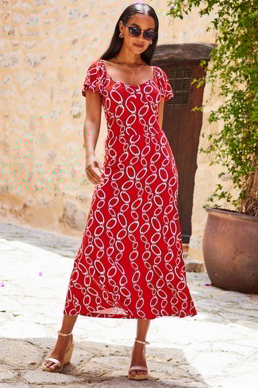 Red Chain Print Angel Sleeve Fit Flare Midi Dress