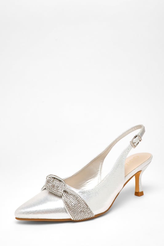 Wide Fit Silver Diamante Knot Sling Back Low Heels - Main Image