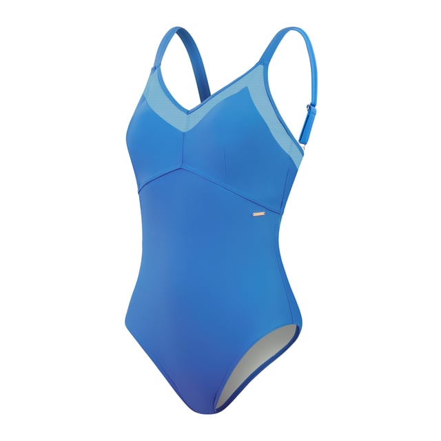 Womens Speedo Shaping Mesh Detail Swimsuit in blue.- V neck design with Mesh panel detail and clip back fastening.- Adjustable straps are paired with a clip back for an enhanced fit.- Bust support via seam construction and removable bra pads.- Embossed gold branding.- Premium body shaping fabric.- Higher chlorine resistance than standard swimwear fabrics - fits like new for longer with CREORA® HighClo™.- Our new shaping fabric is made in part from recycled waste. The Nylon yarn in the fabric is made from 100% pre-consumer waste  such as waste fabric from factories.- Ref: 800370016058Please note that returns will only be accepted if the hygiene label is still attached to the product.