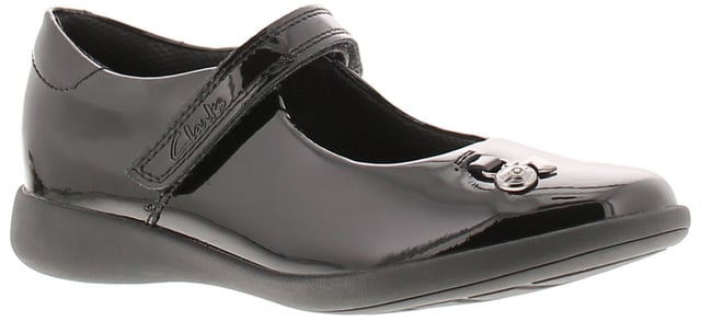 Clarks Girls School Shoes Etch Mist Leather Touch Fastening Black. Patent Leather Upper. Textile Lining. Rubber Sole. Footwear Formal.