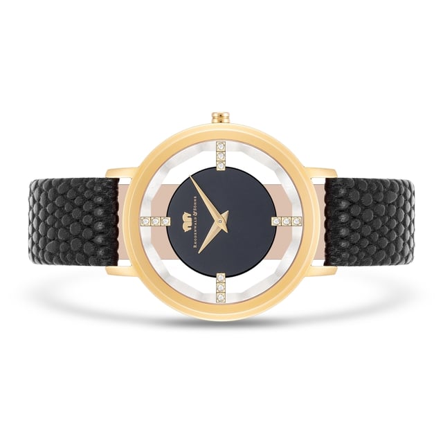 Do you love extravagant watches? Then this women's model from Rhodenwald & Söhne should not be missing in your collection: Reduced functionality combines with a modern interpretation of the skeleton look of traditional watchmaking to an eye-catcher on the wrist. A touch of skin shimmers between the dial and the bezel, bridged by four line indices, decorated with crystals from Swarovski®. The Sunray dial with Dauphine Zehern ensures a fascinating play of light. A scratch-resistant stainless steel housing with yellow gold cladding and a high-quality real leather strap with trendy carbon embossing complete the premium equipment.