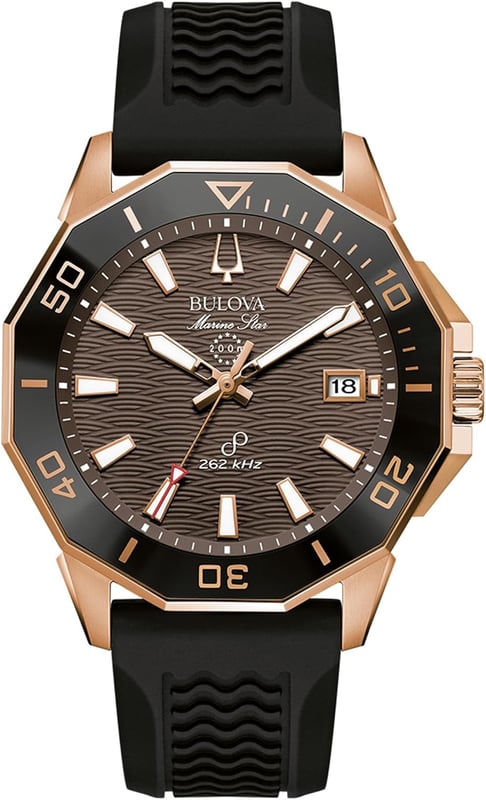 This Bulova Marine Star Analogue Watch for Men is the perfect timepiece to wear or to gift. It's Rose Gold 44 mm Round case combined with the comfortable Black Rubber watch band will ensure you enjoy this stunning timepiece without any compromise. Operated by a high quality Quartz movement and water resistant to 20 bars, your watch will keep ticking.