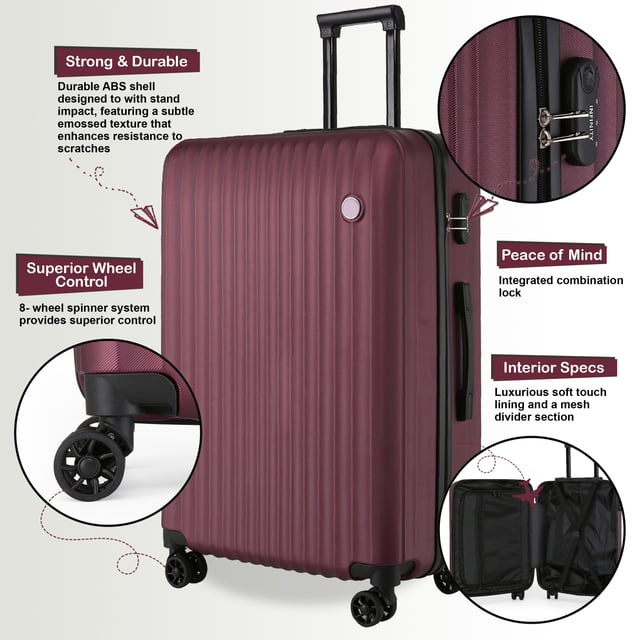 Upgrade uw reisuitrusting met onze Hardshell Burgundy Suitcases, ontworpen om duurzaamheid, stijl en functionaliteit te combineren. Of het nu gaat om zakenreizen of vakantieavonturen, deze lichtgewicht koffers bieden superieure prestaties met een strakke en moderne look. Kenmerken: Stevige ABS-constructie: Lichtgewicht maar duurzaam, biedt uitstekende bescherming voor uw bezittingen. 8 soepele dubbele wielen: Moeiteloze 360° manoeuvreerbaarheid voor stressvrij reizen door luchthavens en drukke straten. Veilig combinatieslot: Ingebouwd 3-cijferig slot voor verbeterde veiligheid en gemoedsrust. Telescopisch handvat: Ergonomisch ontworpen voor comfortabel gebruik. Volledig gevoerd interieur: Uitgerust met elastische vastbindriemen, een scheidingswand met rits en een gaasvak om uw spullen georganiseerd te houden. Beschikbare maten en specificaties: Cabine: Afmetingen: 36 x 22 x 56 cm Gewicht: 2,40 kg Capaciteit: 40L Medium: Afmetingen: 42 x 25 x 66 cm Gewicht: 3,40 kg Capaciteit: 61L Groot: Afmetingen: 48 x 28 x 75 cm Gewicht: 4,20 kg Capaciteit: 90L Het tijdloze ontwerp zorgt voor elegantie en maakt uw bagage gemakkelijk te herkennen. Of u nu licht reist met de cabinemaat of inpakt voor een lange reis met de medium en large, deze set is afgestemd op al uw reisbehoeften. - Let op: Selecteer de gewenste maat. Maten worden afzonderlijk verkocht, niet in sets.