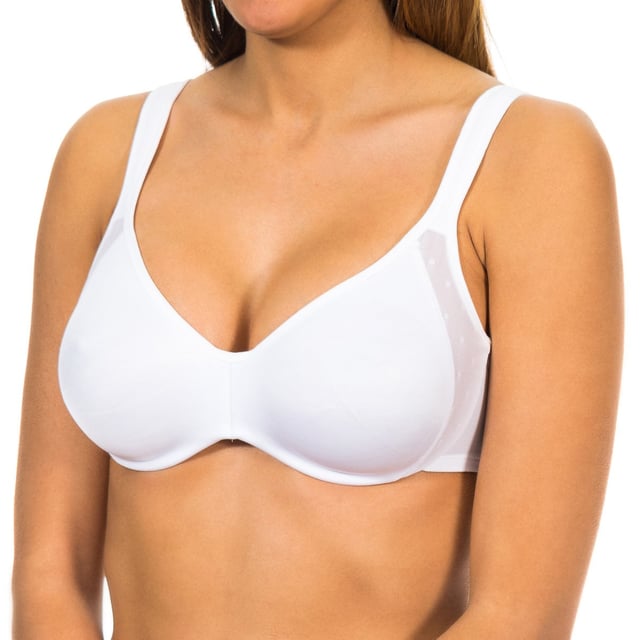 Soft-Cup-BH.
 Weiße Farbe mit Gitter Detail auf den Seiten Ton.
 Elastische, verstellbare Schultergurte.
 Hinterer Verschluss mit Drei-Wege-Bügeln.
 Elastische Seiten.
 Abgenähte Nähte.

 Zusammensetzung:
 - 76% Polyamid.
 - 24% Elasthan.

 Pflege:
 - Handwäsche.
 - Kein Bleichmittel verwenden.
 - Nicht im Trockner trocknen.
 - Nicht bügeln.
 - Nicht chemisch reinigen.