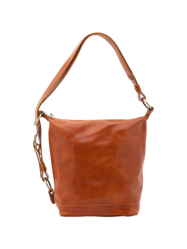 Bolso tipo bombonera para mujer. El cierre es con cremallera. Los bolsillos internos son uno con cremallera. Los bolsillos externos están ausentes. La bandolera es ajustable en piel. Falta el mango. Hay un compartimento interno. El material exterior es auténtica piel de vacuno. Internamente está forrado en algodón. Medidas: 34x33x15 cm. Hecho en Italia